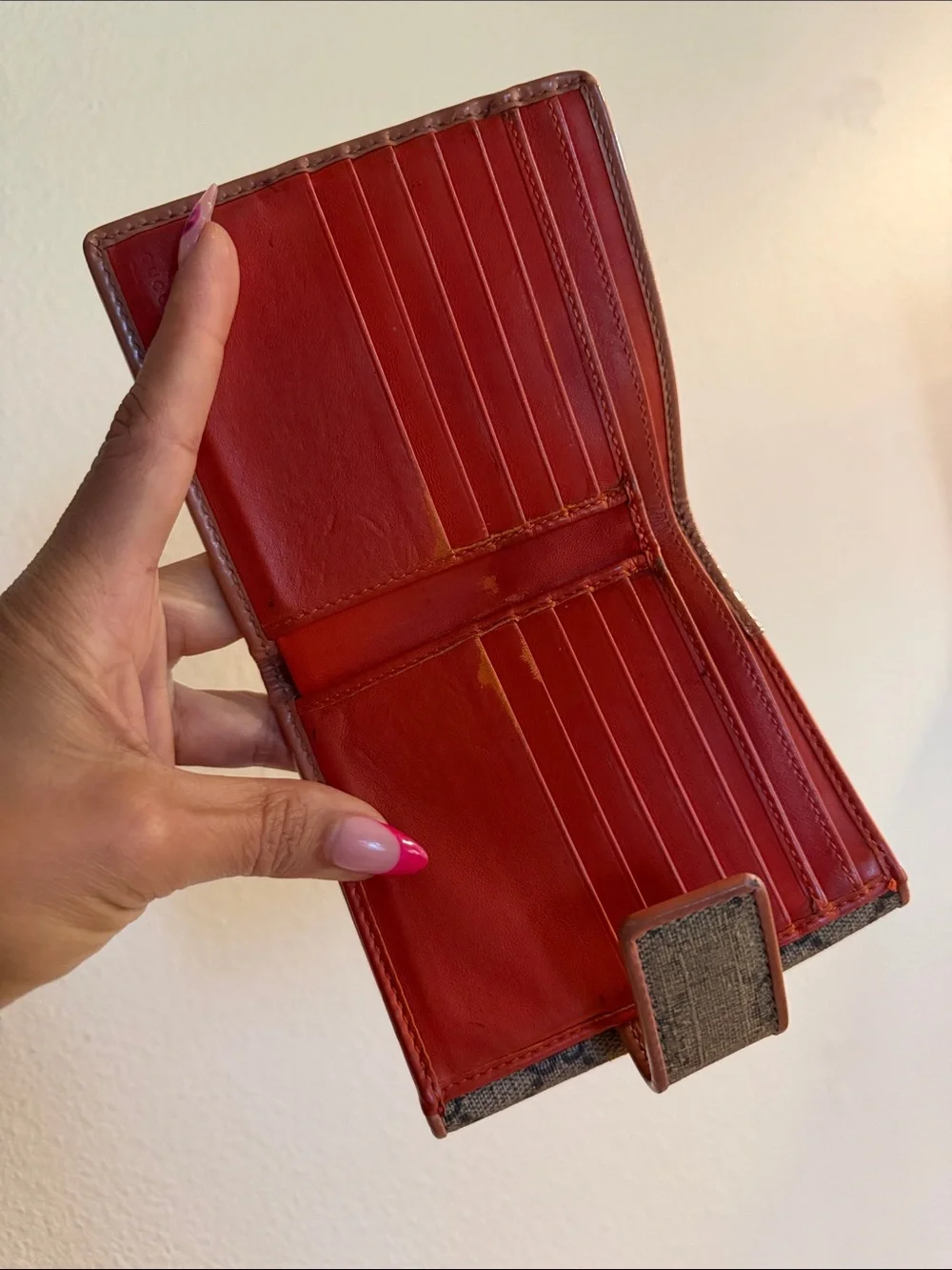 Gucci GG Monogram Wallet with Burgundy Bow and Brown Trim
